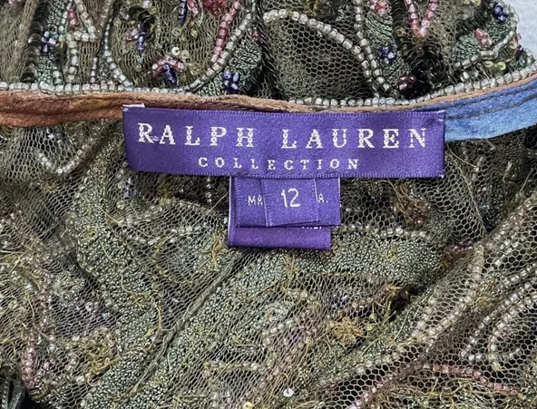 F/W 2001 Ralph Lauren Collection Purple Label Runway Sheer Green Silk Mesh Beaded Gown Dress