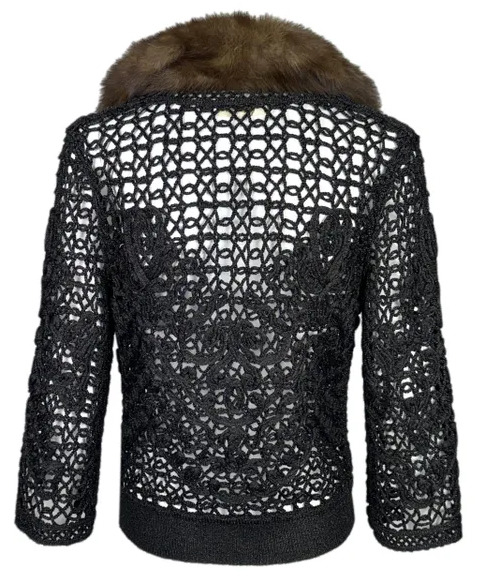 F/W 2004 Valentino Runway Plunging Black Glitter Knit Sable Fur Cardigan Top