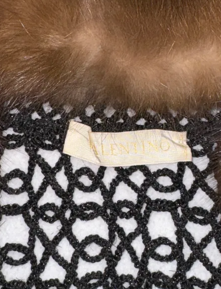 F/W 2004 Valentino Runway Plunging Black Glitter Knit Sable Fur Cardigan Top