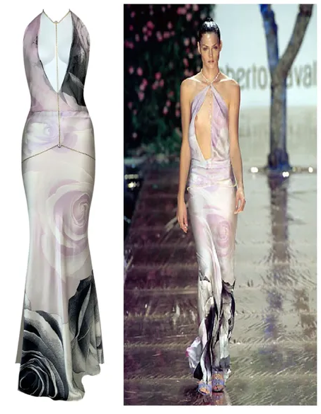 S/S 2000 Roberto Cavalli Runway Plunging Silk Dress w Crystal Chain Necklace