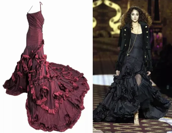F/W 2004 Roberto Cavalli Runway Burgundy Flamenco Ball Gown Dress w Train