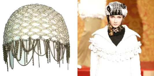 Pre-Fall 2009 Chanel by Karl Lagerfeld Runway 20's Flapper Pearl Chain Logo Hat Cap