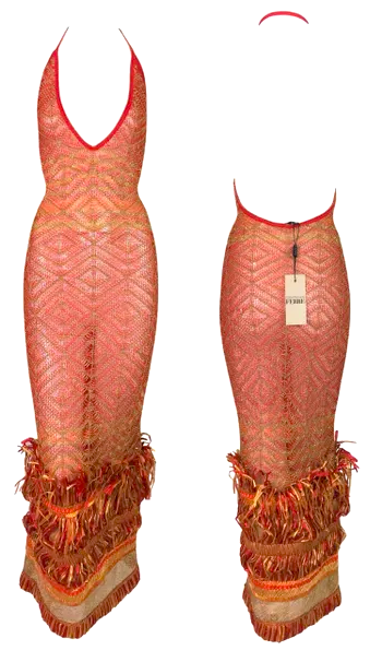 NWT S/S 2001 Gianfranco Ferre Sheer Red Mesh Raffia Plunging Wiggle Maxi Dress