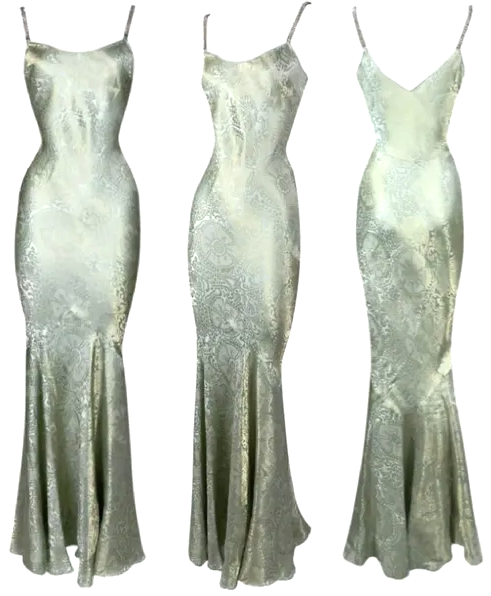 S/S 2001 John Galliano Mint Green & Gold Mermaid Gown Dress w Crystal Straps