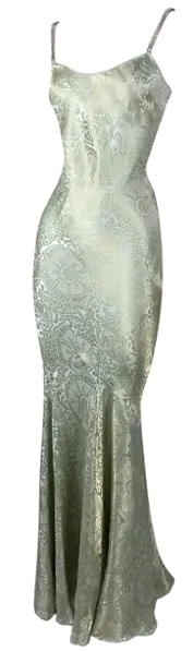 S/S 2001 John Galliano Mint Green & Gold Mermaid Gown Dress w Crystal Straps