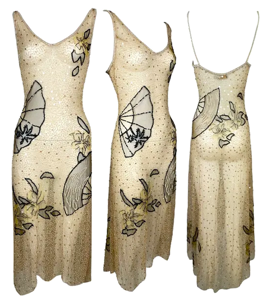 1990's Fendi by Karl Lagerfeld Sheer Nude Mesh Japanese Fan Beaded Embellished Dress