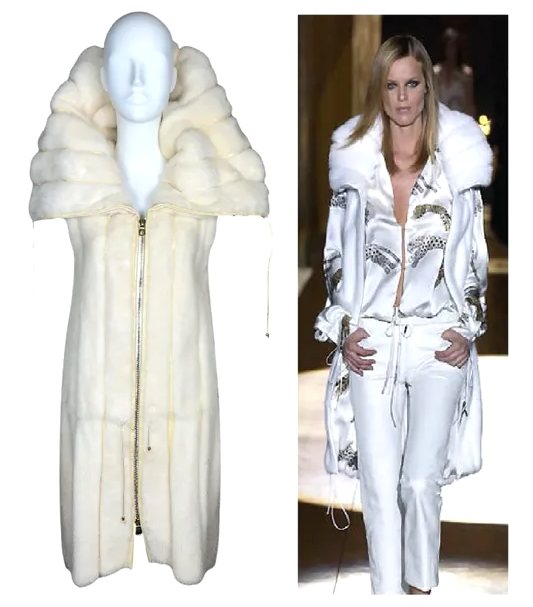 F/W 2002 Roberto Cavalli Runway Ivory Mink Fur High Collar Vest Dress Coat