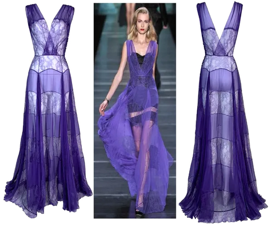 S/S 2010 Christian Dior by John Galliano 1940's Old Hollywood Style Runway Sheer Purple Silk Lace Gown Dress
