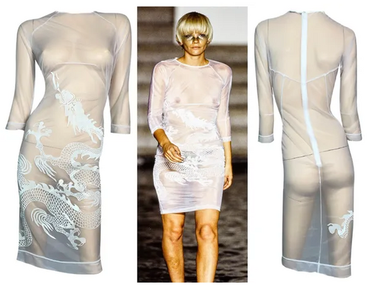 S/S 1997 Alexander McQueen Runway Sheer White Mesh Dragon Bodycon Dress