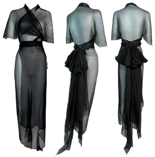 2000's Maison Martin Margiela Artisanal Sheer Black Japanese Kimono Style Wrap Dress w Bow
