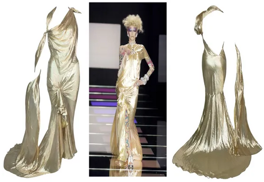 S/S 2004 Christian Dior by John Galliano Runway 1940's Old Hollywood Vixen Pin-Up Style Liquid Gold Lamé Gown Dress w Train