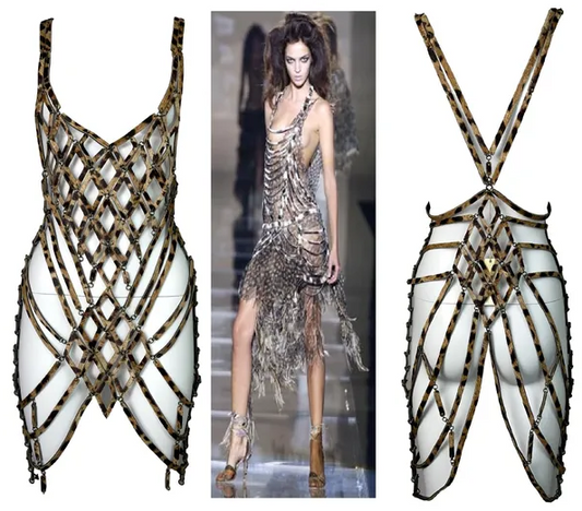 S/S 2004 Roberto Cavalli Runway Pony Fur Leather Harness Tunic Mini Dress