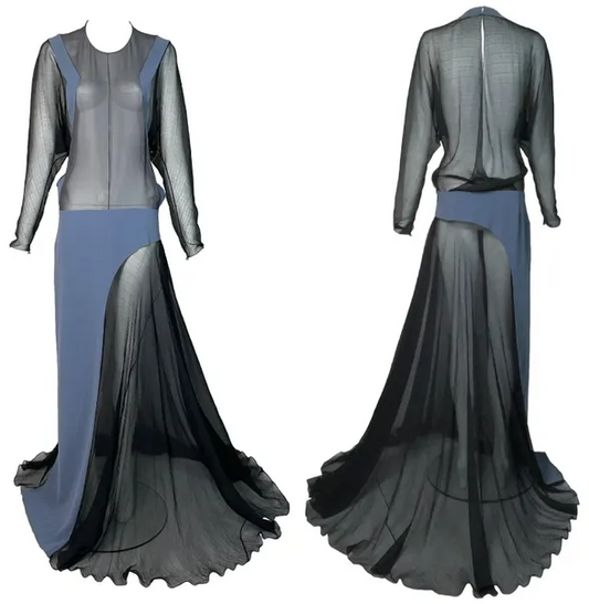 F/W 2012 Balenciaga by Nicolas Ghesquière Sheer Black & Blue Silk Extra Long Maxi Dress