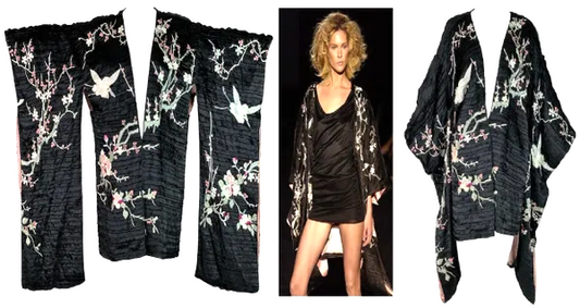 S/S 2003 Gucci by Tom Ford Runway Black Embroidered Cherry Blossom Kimono Dress Jacket