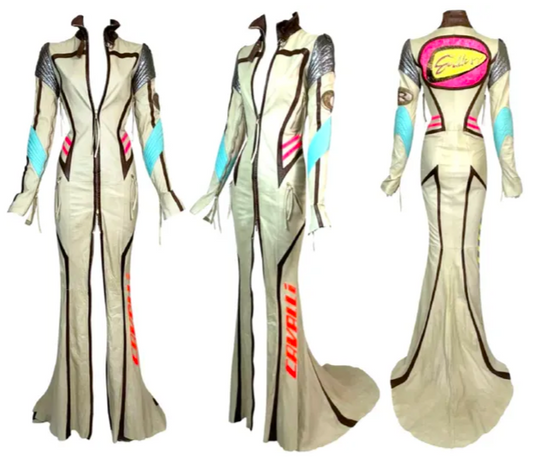 F/W 2003 Roberto Cavalli Runway Leather Moto Bodycon Mermaid Gown Dress w Train