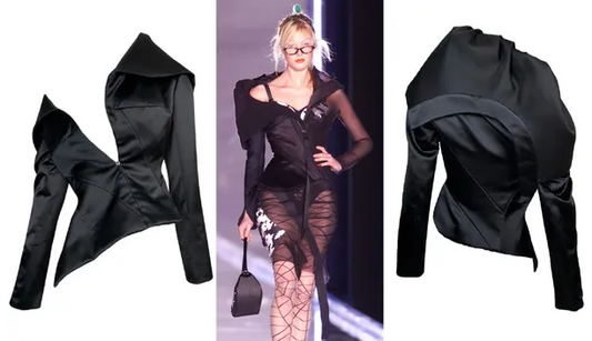 S/S 2001 Christian Dior by John Galliano Haute Couture Avant Garde Black Satin Off Shoulder Asymmetrical Jacket