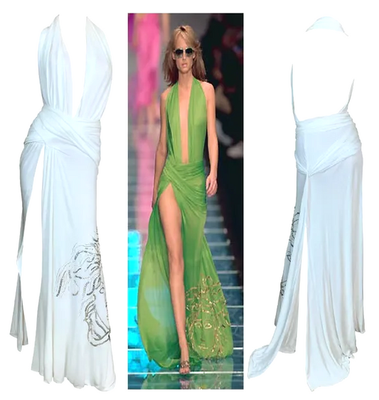S/S 2000 Gianni Versace Runway White Plunging High Slits Beaded Gold Medusa Gown Dress
