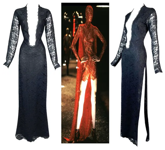 F/W 1998 Alexander McQueen "Joan" Collection Goth Queen Black Lace Plunging Mesh High Slit Gown Dress