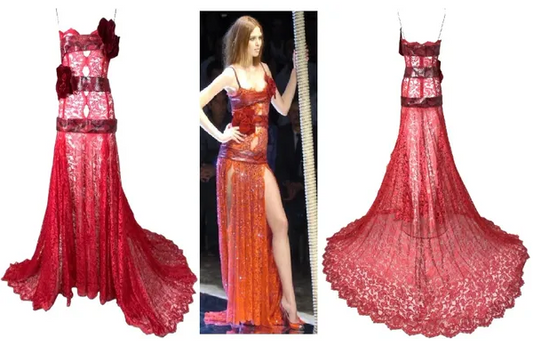 S/S 2005 Dolce & Gabbana Runway Sheer Red Lace Snakeskin & Velvet Bows Gown Dress w Train