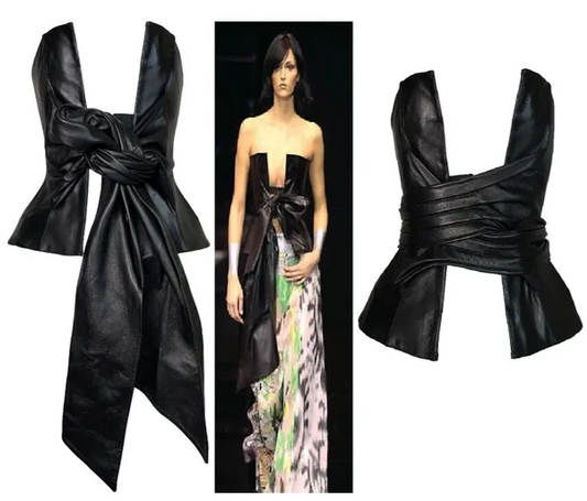 S/S 2002 Gianfranco Ferre Runway Plunging Open Chest Black Leather Bustier Top