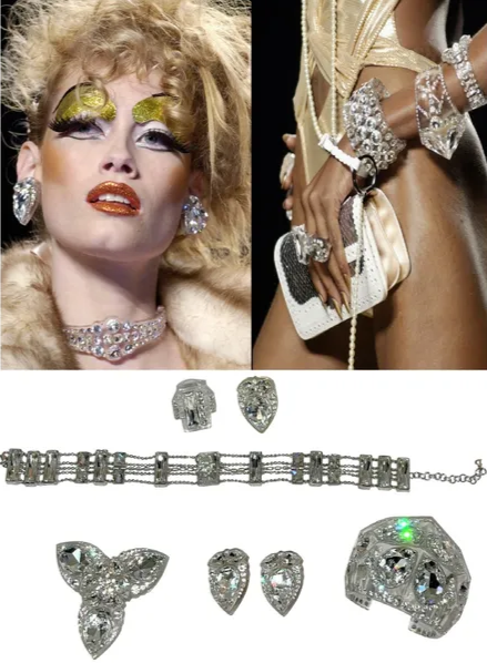 S/S 2004 Christian Dior by John Galliano Runway Large Crystal Resin Jewelry Collection Choker Earrings Pin & Rings