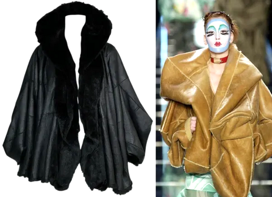 F/W 2003 Christian Dior by John Galliano Runway Black Leather Kimono Style Sleeves Baggy Fur Jacket Coat