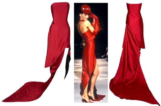 F/W 1997 Christian Dior by John Galliano Runway Red Strapless Mini Dress w Train