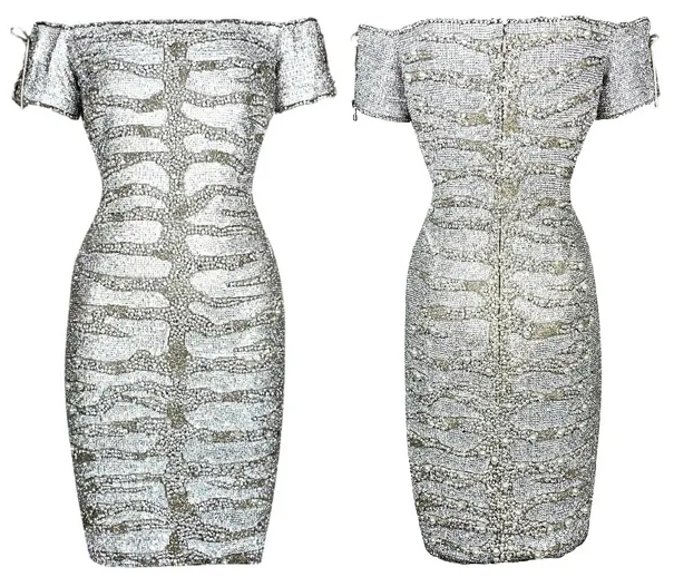 Roberto Cavalli Couture Numbered Crystal Chainmail Beaded Corset Off Shoulder Mini Dress