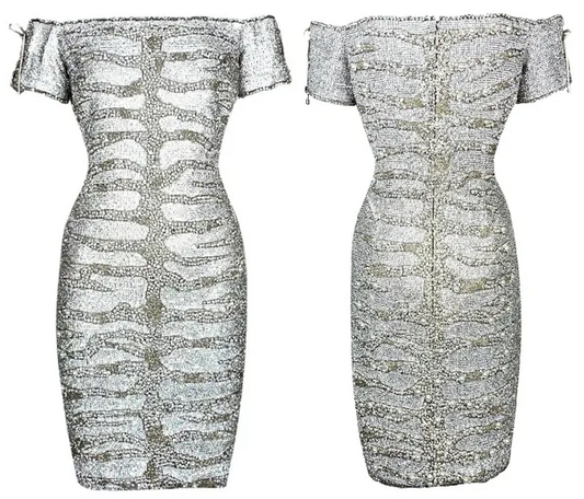 Roberto Cavalli Couture Numbered Crystal Chainmail Beaded Corset Off Shoulder Mini Dress
