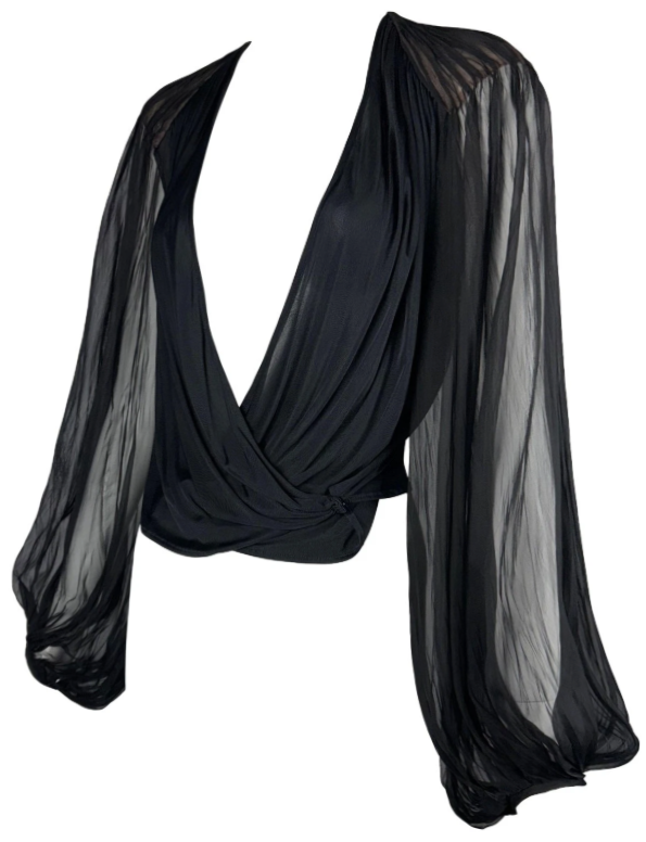 2001 Gianni Versace Plunging 70's Style Black Poet Sleeve Top