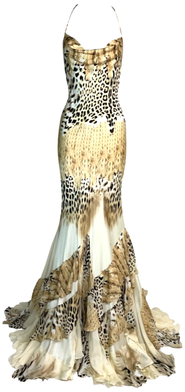 2002 Roberto Cavalli Silk Cheetah & Crocodile Print Ruffles Halter Gown Dress
