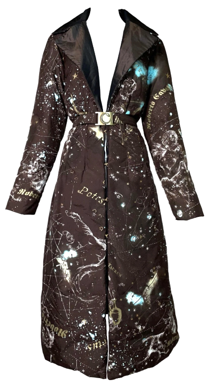 2003 Roberto Cavalli Brown Silk Zodiac Astrology Long Reversible Puffer Coat