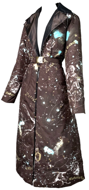 2003 Roberto Cavalli Brown Silk Zodiac Astrology Long Reversible Puffer Coat