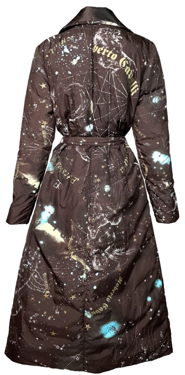 2003 Roberto Cavalli Brown Silk Zodiac Astrology Long Reversible Puffer Coat