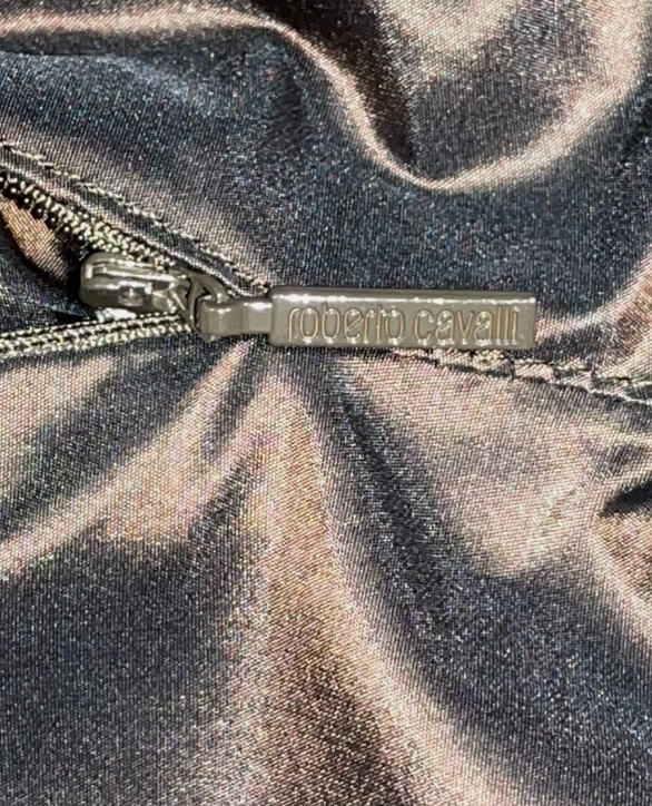 2003 Roberto Cavalli Brown Silk Zodiac Astrology Long Reversible Puffer Coat