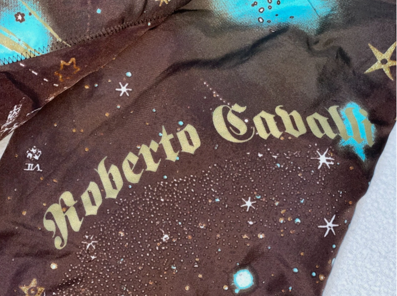 2003 Roberto Cavalli Brown Silk Zodiac Astrology Long Reversible Puffer Coat