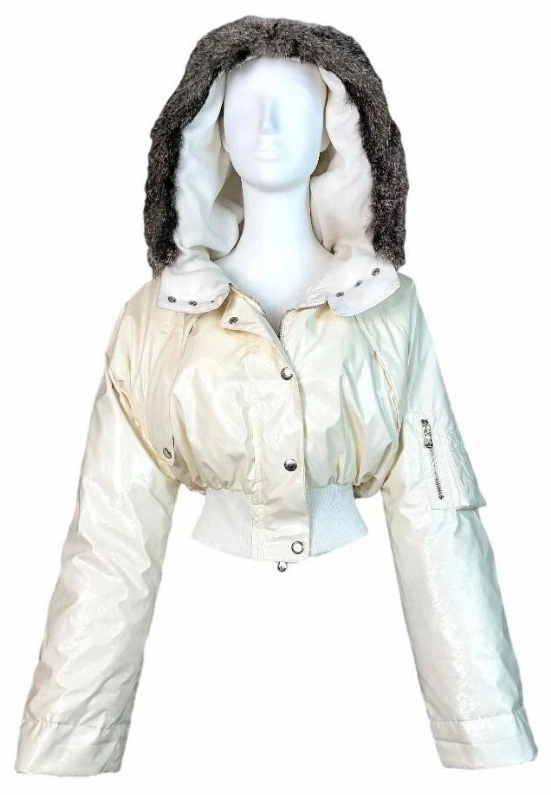 F/W 2003 Dolce & Gabbana Runway Shiny Off White Cropped Puffer Coat Jacket w Fur