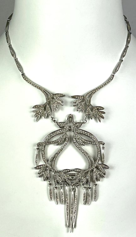 2000's Christian Dior by John Galliano Chinoiserie Large Silver Tone Crystal Necklace