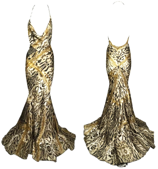 F/W 2003 Roberto Cavalli Plunging Satin Gold Chains & Tiger Print Metal Chain Halter Strap Mermaid Gown Dress