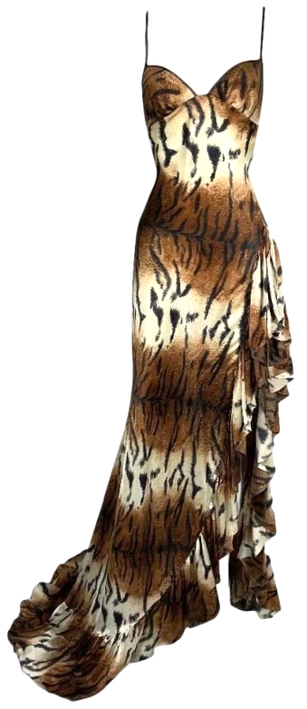 2003 Roberto Cavalli Tiger Silk Super High Slit & Ruffles Gown Dress 44