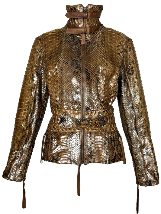 2005 Roberto Cavalli Brown Python Fitted Motorcycle Jacket w Gold Serpent Buckle