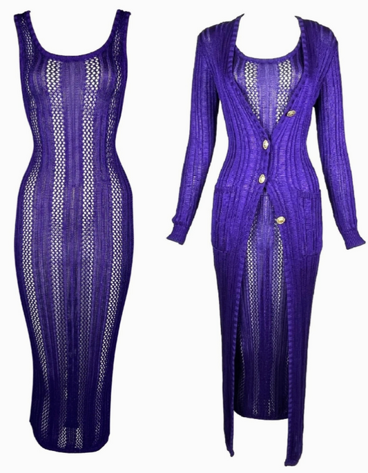F/W 1993 Gianni Versace Runway Sheer Purple Knit Bodycon Dress & Cardigan