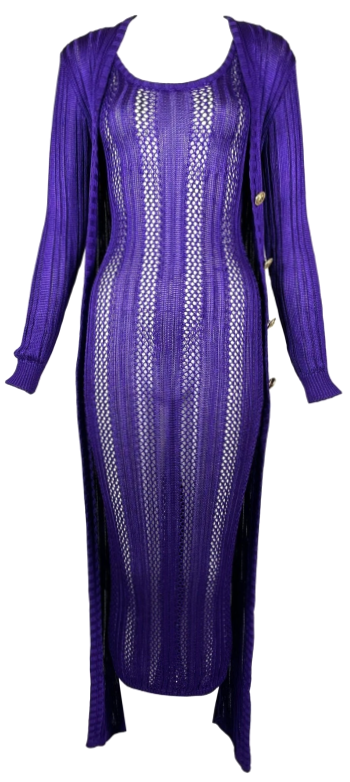 F/W 1993 Gianni Versace Runway Sheer Purple Knit Bodycon Dress & Cardigan