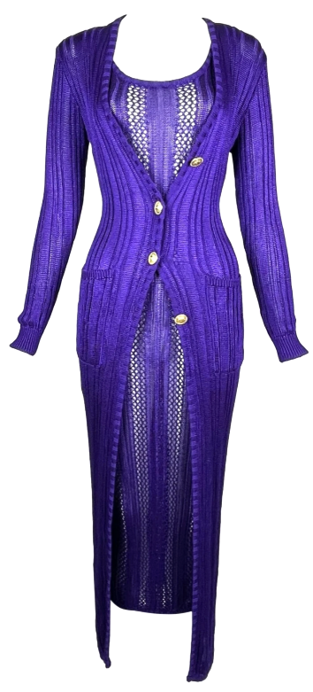 F/W 1993 Gianni Versace Runway Sheer Purple Knit Bodycon Dress & Cardigan