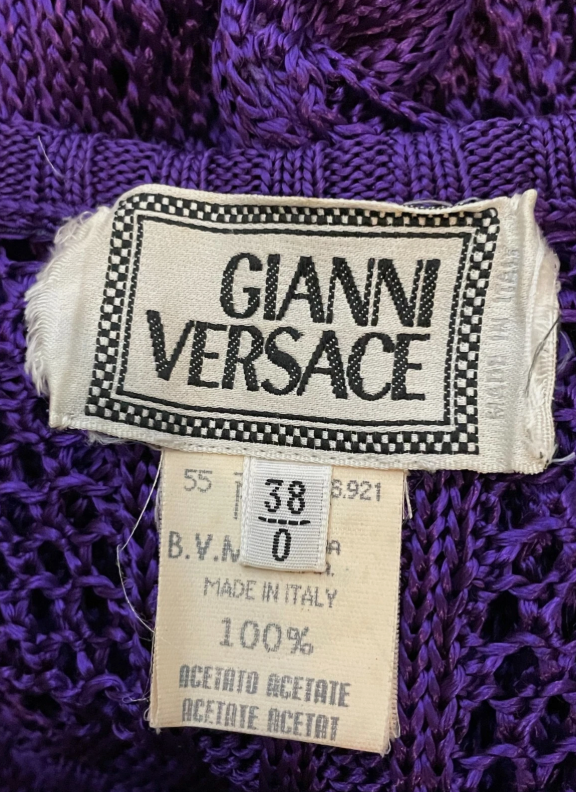 F/W 1993 Gianni Versace Runway Sheer Purple Knit Bodycon Dress & Cardigan