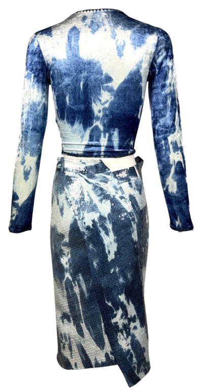 F/W 2000 Christian Dior by John Galliano Blue Tie Dye Velvet Crop Top & Sequin Pencil Skirt Set