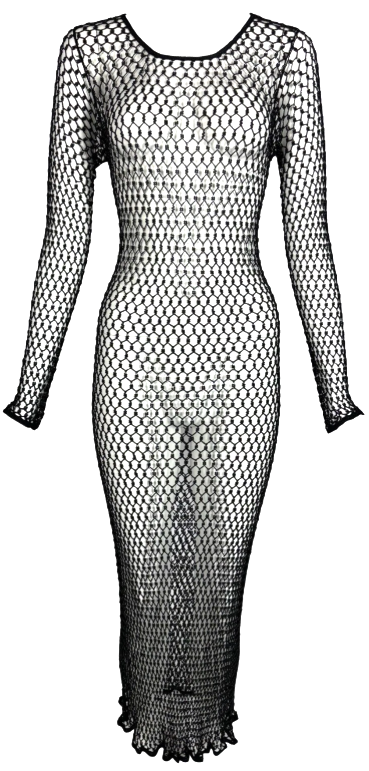 Vintage S/S 1999 Yves Saint Laurent Sheer Black Beaded Fishnet Mesh Maxi Dress