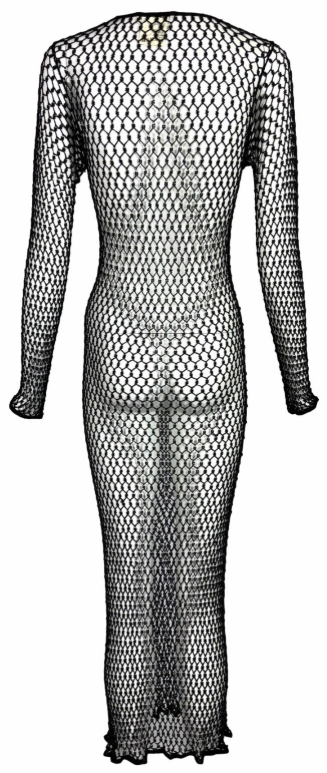 Vintage S/S 1999 Yves Saint Laurent Sheer Black Beaded Fishnet Mesh Maxi Dress