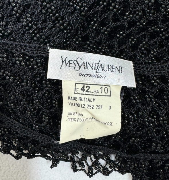 Vintage S/S 1999 Yves Saint Laurent Sheer Black Beaded Fishnet Mesh Maxi Dress