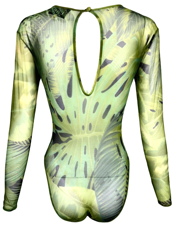 F/W 1993 Gianfranco Ferre Runway Sheer Green Mesh Palm Print Bodysuit Top